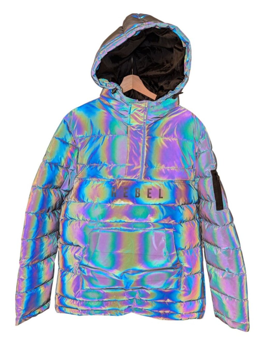 Rebel Minds Holographic Puffer Jacket Size Large Reflective Iridescent Anorak